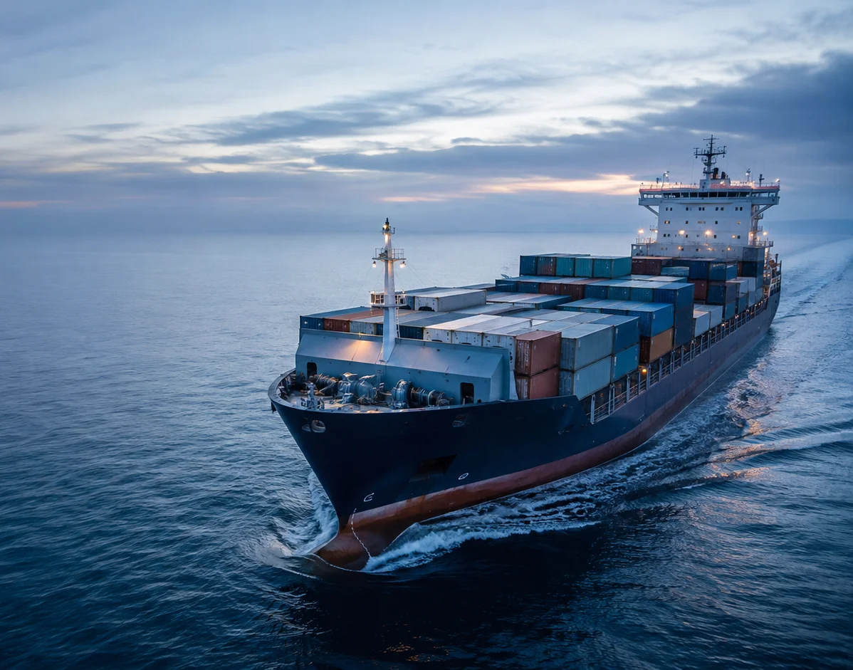 Container ship underway at dusk